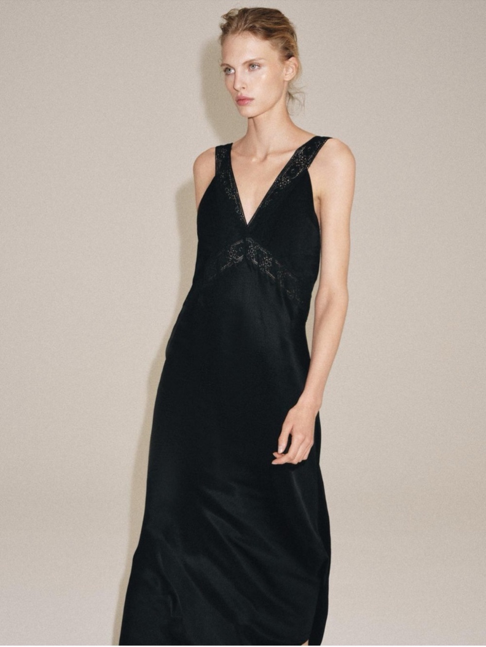 Zara Black Lace Trim Satin Floor Length Dress Sz M